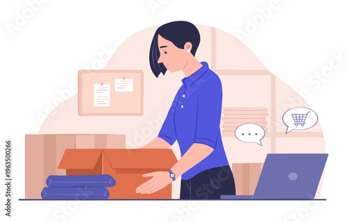 Flat Illustration of Young Woman Packing Order in the Box for Delivery