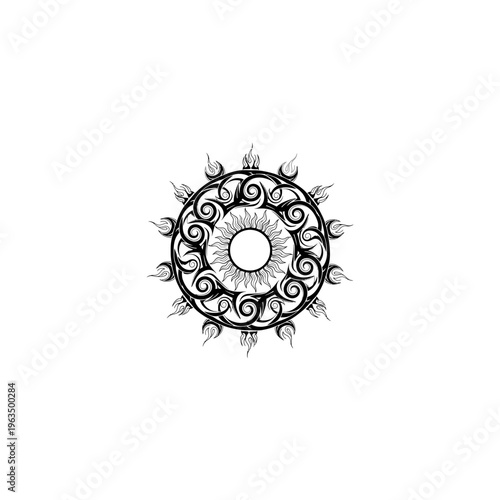 Circular floral mandala ornament with ornate vintage black ink details