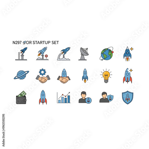 Startup rocket launch and business growth concept icons set