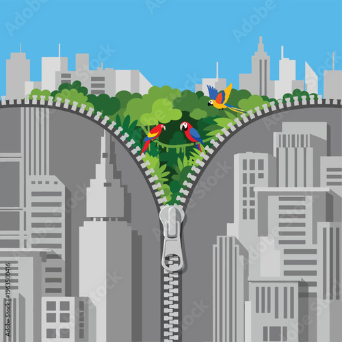 A cityscape unzipping to reveal a lush tropical jungle with vibrant parrots, symbolizing urban connection to nature and biodiversity.