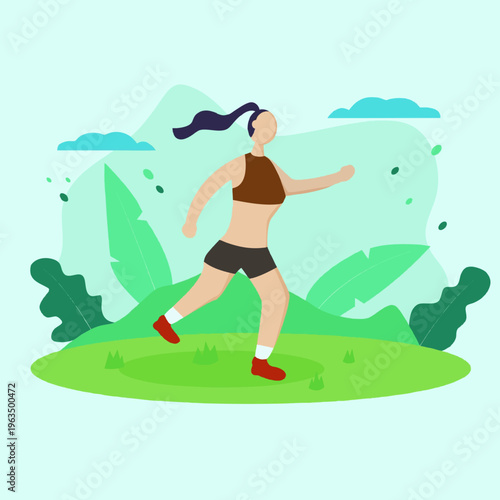 Modern Flat Illustration Woman Running in the Nature for Exercise Activity