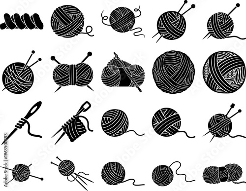 Collection of black and white yarn ball illustrations with knitting needles