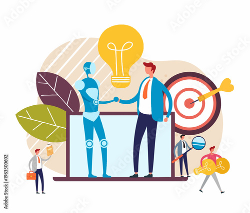 Flat Illustration Collaboration Between Human Businessman and Robot with Lightbulb Concept