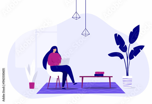 Modern Flat Style Woman Using Laptop in Minimalist Living Room Illustration