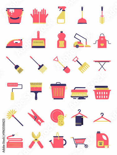 Flat Detailed Home Cleaning and Laundry Equipment Tools Icon Set