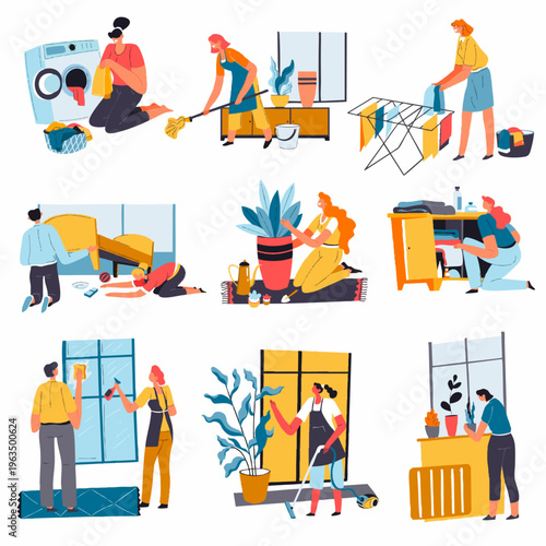 Flat Style Detailed Housework Chore Illustration with Different Cleaning Activity Scenes