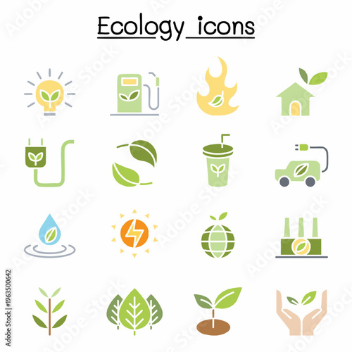 Flat Style Ecology Icon Set with Environmental and Sustainable Elements