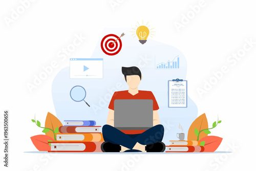 Flat Design Young Man Working from Home Illustration