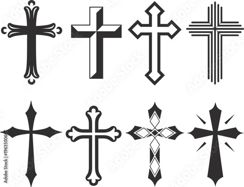 Collection of Christian cross symbols in various decorative styles black vector set representing faith religion spirituality and sacred design elements