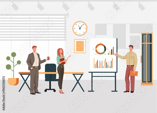 Flat Illustration Successful Business Presentation with Team in Office Workplace