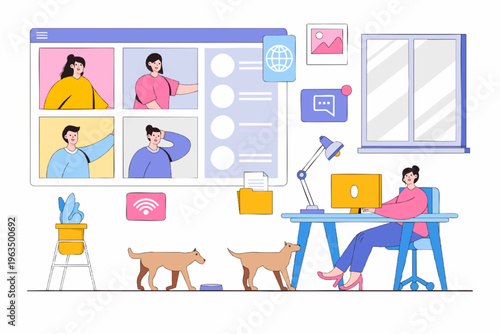 Modern Flat Illustration Person Working at Home During Video Call