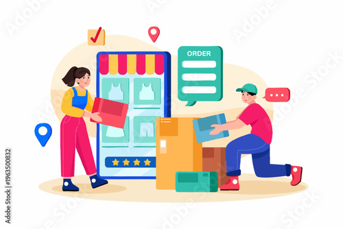 Flat Style Detailed Online Shopping And Delivery Process Illustration Design