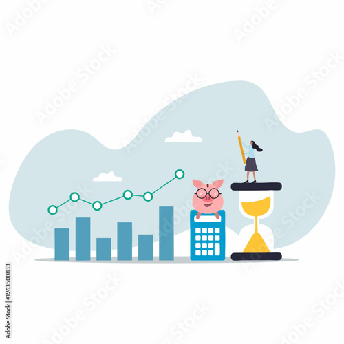 Flat Illustration Time is Money with Piggy Bank Calculator and Sandglass