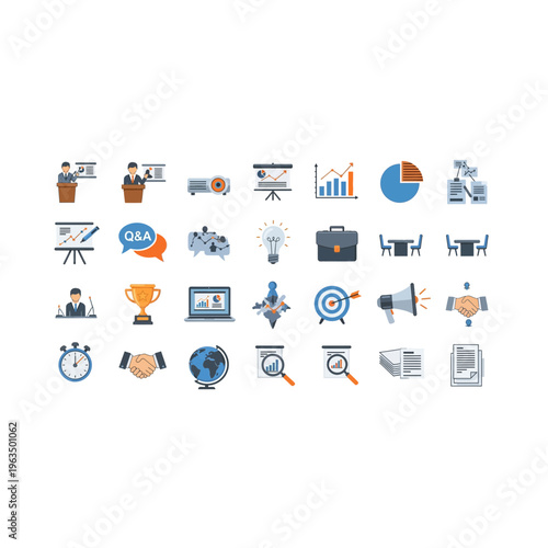 Set of flat business icons for corporate communication and financial analysis