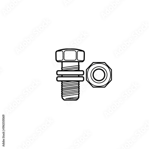 Steel bolt assembly with washer and separate nut vector icon