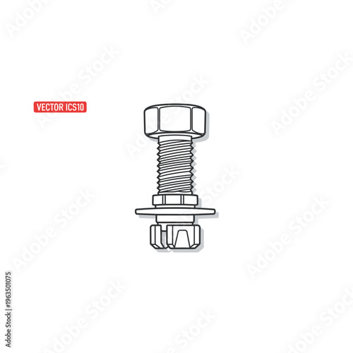 Engineering technical drawing of steel bolt with washer and nut