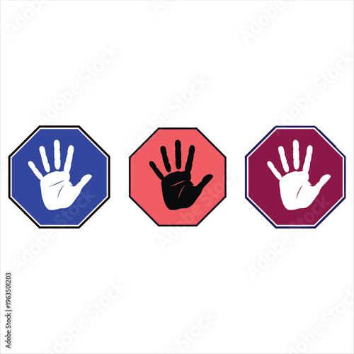 Three octagonal signs featuring a white open hand gesture in blue, red, and purple backgrounds communicate a stop or halt message.
