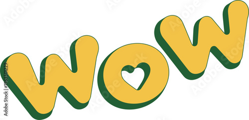 Playful wow lettering in bold yellow with green shadow featuring heart shaped center creative typography expression design modern graphic style
