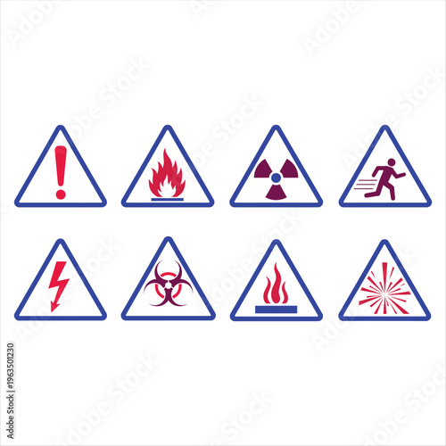 Eight triangular warning signs display various safety hazards including general alert, fire, radiation, running prohibition, electricity, biohazard, flammable material, and explosion risk.