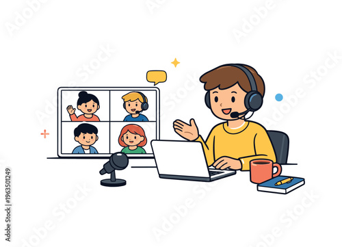 Online meeting with diverse participants communicating via video call and microphone
