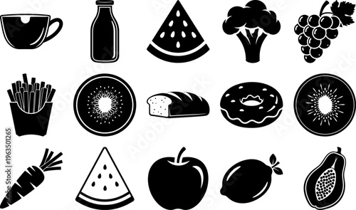 Black and white food icons set including fruits vegetables and snacks