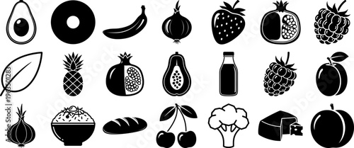 Collection of black and white food icons including fruits vegetables and dairy products