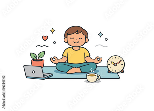 Person meditating peacefully at home with laptop, coffee, and plant nearby