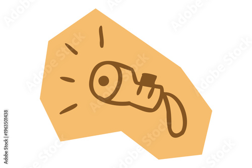 Hand Drawn Flashlight Torch Icon with Light Rays and Wrist Strap on Beige Geometric Shape for Scrapbook and Journal. Vector illustration design.