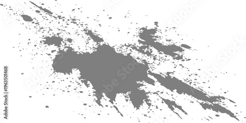 Grey paint splatter on white background, abstract ink blot with spray droplets, grunge brush stroke texture vector