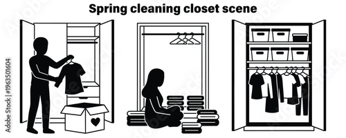 flat lay illustration of man and woman organizing closet during spring cleaning