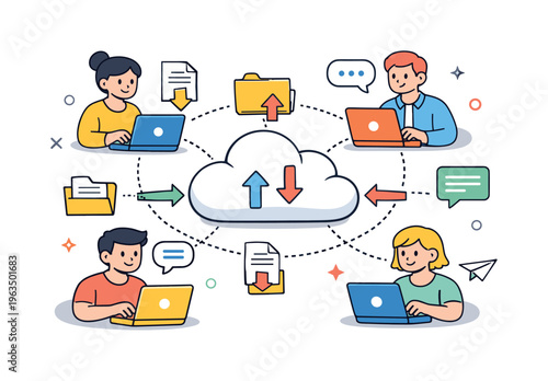 People collaborating and sharing data through cloud computing and digital networks
