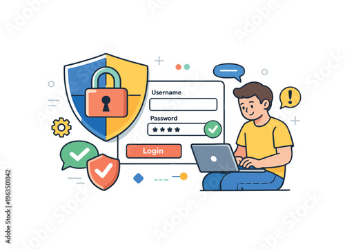 Secure login process with a person using a laptop and digital security icons
