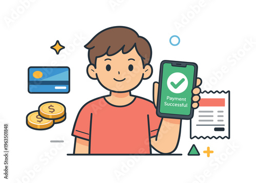 Young person happily showing a successful online payment confirmation on their smartphone
