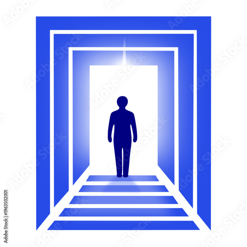 A human figure standing in a geometric portal symbolizing transition, a higher dimension, and expansion of consciousness. Concepts of the 5th dimension, transformation, and entry into another reality.