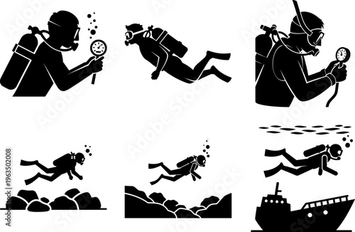 Scuba divers in various poses with equipment on white background