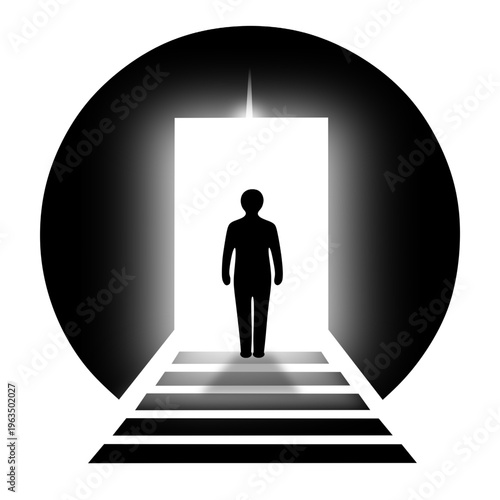 A human figure standing in a geometric portal symbolizing transition, a higher dimension, and expansion of consciousness. Concepts of the 5th dimension, transformation, and entry into another reality.