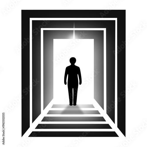 A human figure standing in a geometric portal symbolizing transition, a higher dimension, and expansion of consciousness. Concepts of the 5th dimension, transformation, and entry into another reality.