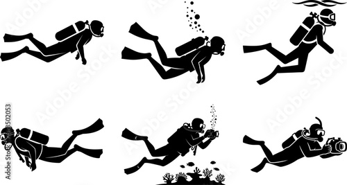 Six scuba divers in various swimming positions underwater with coral and fish