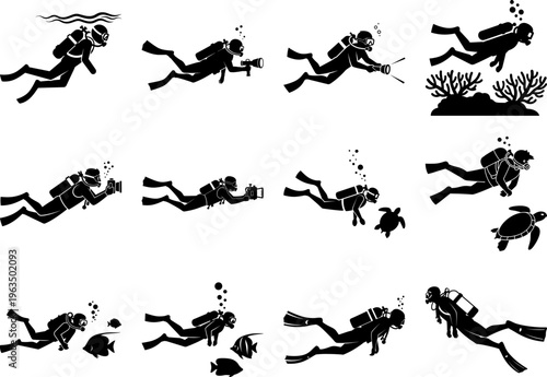Scuba divers underwater with marine life and coral reef in black silhouette vector illustrations