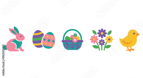 Minimalist easter holiday icons with bunny, eggs, basket, flowers, chick.