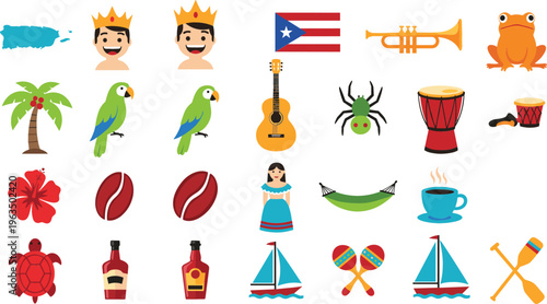 Puerto Rico culture vector icon set featuring flag, instruments, tropical elements, coffee, maracas, palm tree and traditional symbols illustration