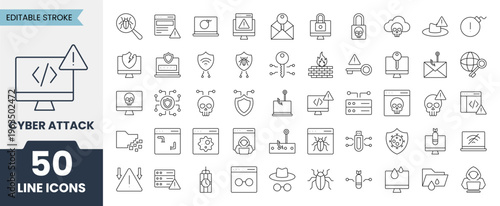 Cyber attack line icons set with editable stroke. Containing malware, hacking, virus, fraud, threat, theft, phishing and more. Vector illustration