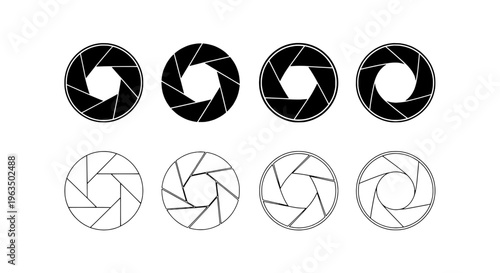 Camera shutter icon set with black and white aperture designs, various styles and line art featuring design, graphic, resource with photography and