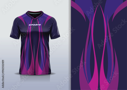T-shirt mockup with abstract curve lines sport jersey design for football, soccer, racing, esports, running, in purple pink color