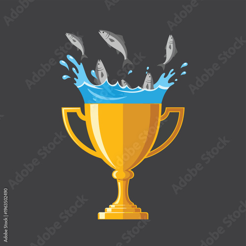 Golden trophy overflowing with water and fish jumping out, symbolizing success in aquatic conservation.