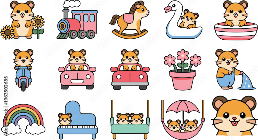 Fototapeta premium Cute hamster cartoon vector collection, adorable animal characters with toys, vehicles and daily activities, colorful children illustration set isolated for nursery design