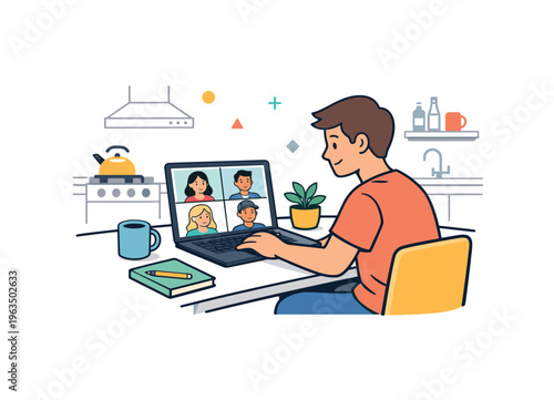 Man participates in a video conference call from his kitchen while working remotely