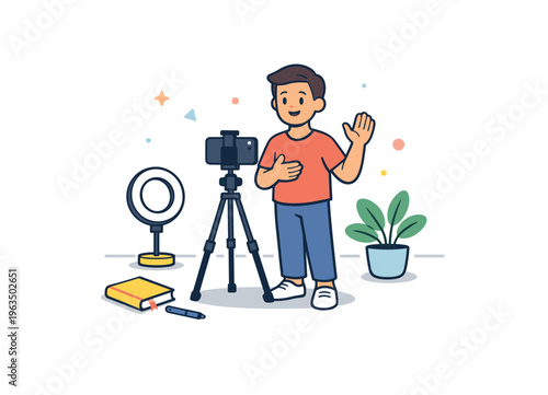 Young boy waving hello while recording a video with a smartphone on a tripod
