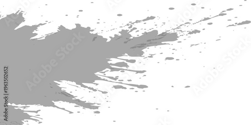 Grey paint splatter on white background, abstract ink blot with spray droplets, grunge brush stroke texture vector