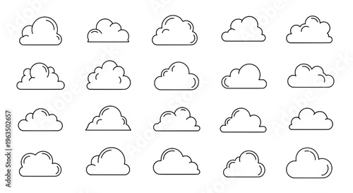 Clouds line drawn set with various puffy white shapes and black outlines for weather forecast icons featuring cloud, icon, drawing with outline and